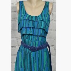 DKNY Jeans blue and green ruffle dress with blue straw stretch belt